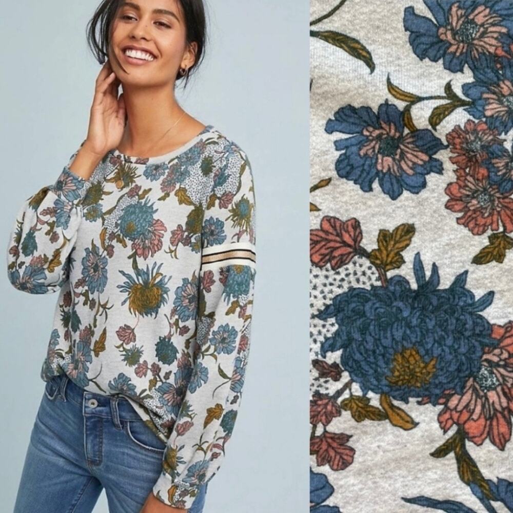 Anthropologie Dolan Left Coast Floral Sweatshirt Gold Sleeve stripe WOMENS XS